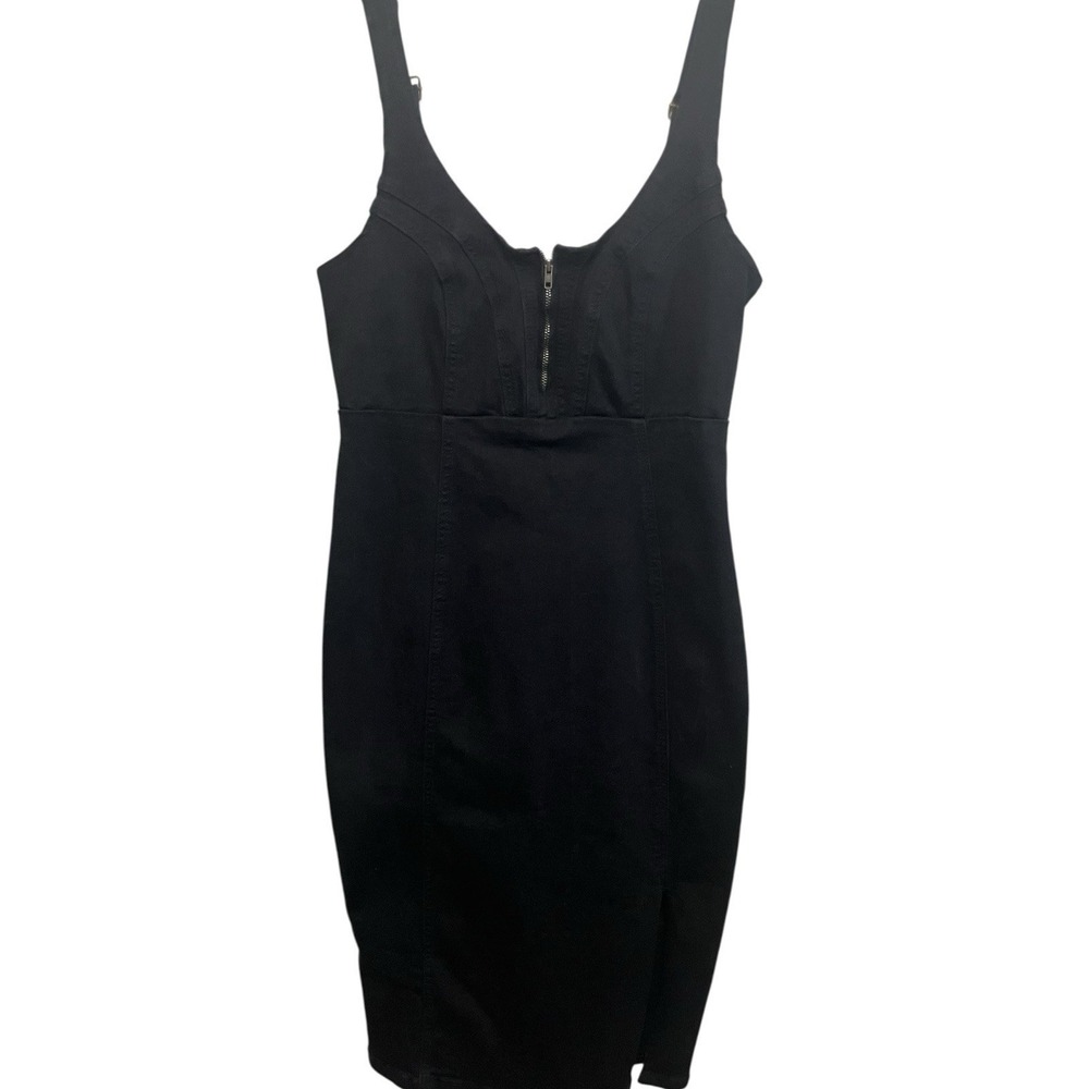 Denim Jean Mini Dress Black Buckle Straps Corset Front With Zipper Side Slit Med